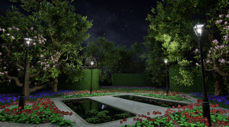 Nighttime garden with reflective pools a lamp light